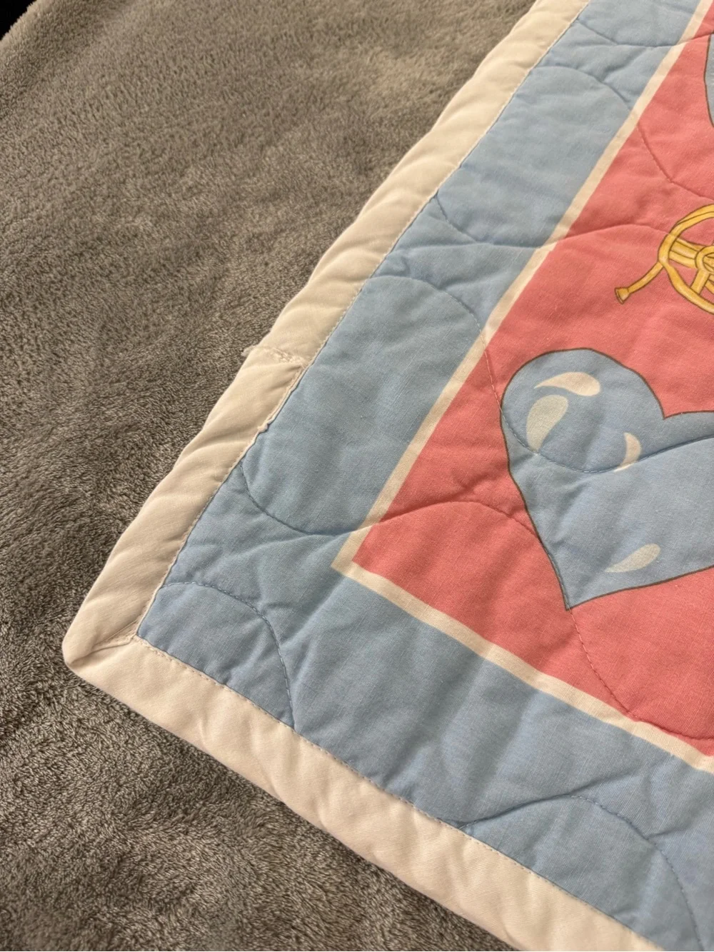 Stitched Teddy Bear Baby Quilt Blanket W/ Rocking Horses & Hearts - Vintage